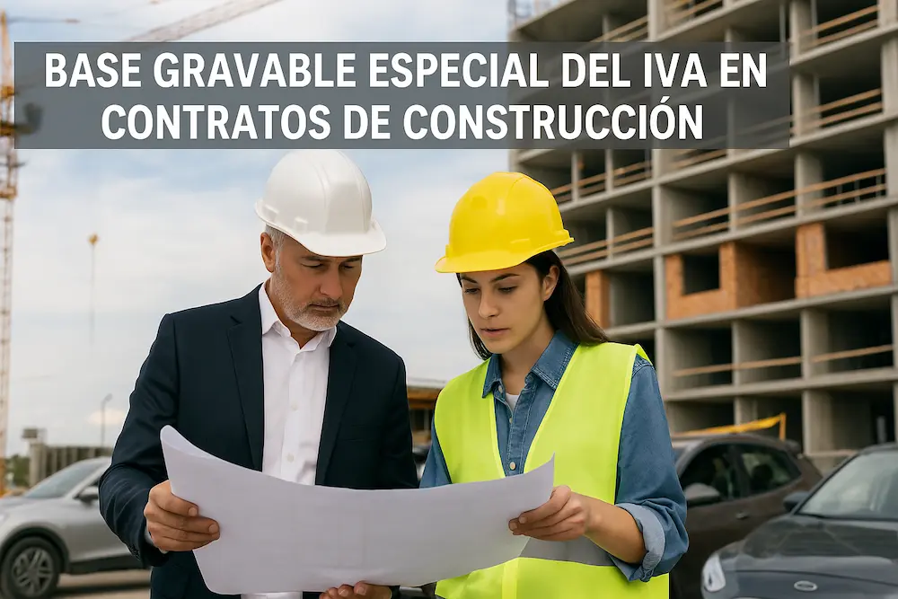 Ingeniero y arquitecta revisando planos en una obra en construcción, con cascos de seguridad y un edificio en estructura al fondo, representando el concepto de la base gravable especial del IVA en contratos de construcción según la DIAN.