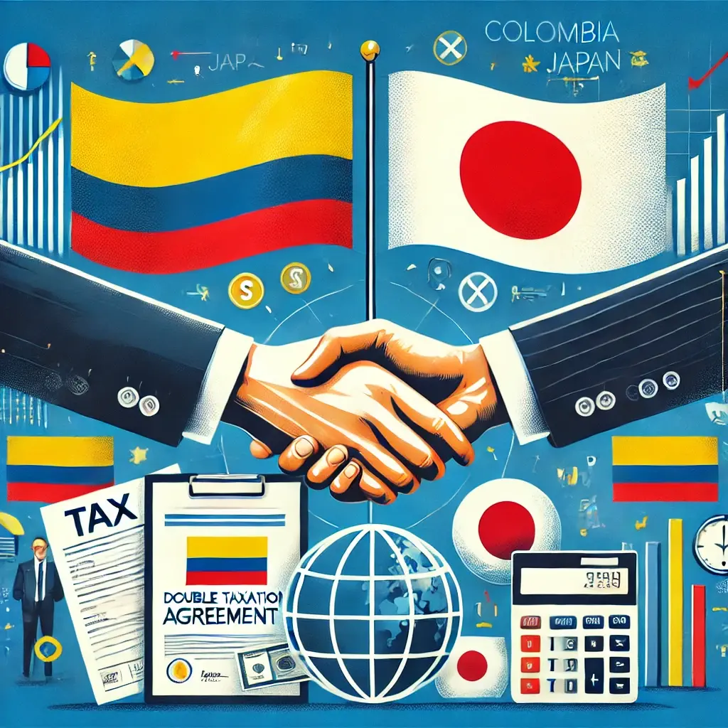 Ilustración del Convenio de Doble Imposición entre Colombia y Japón, con un apretón de manos entre empresarios, documentos fiscales, tax forms y las banderas de Colombia y Japón, representando acuerdos fiscales internacionales.