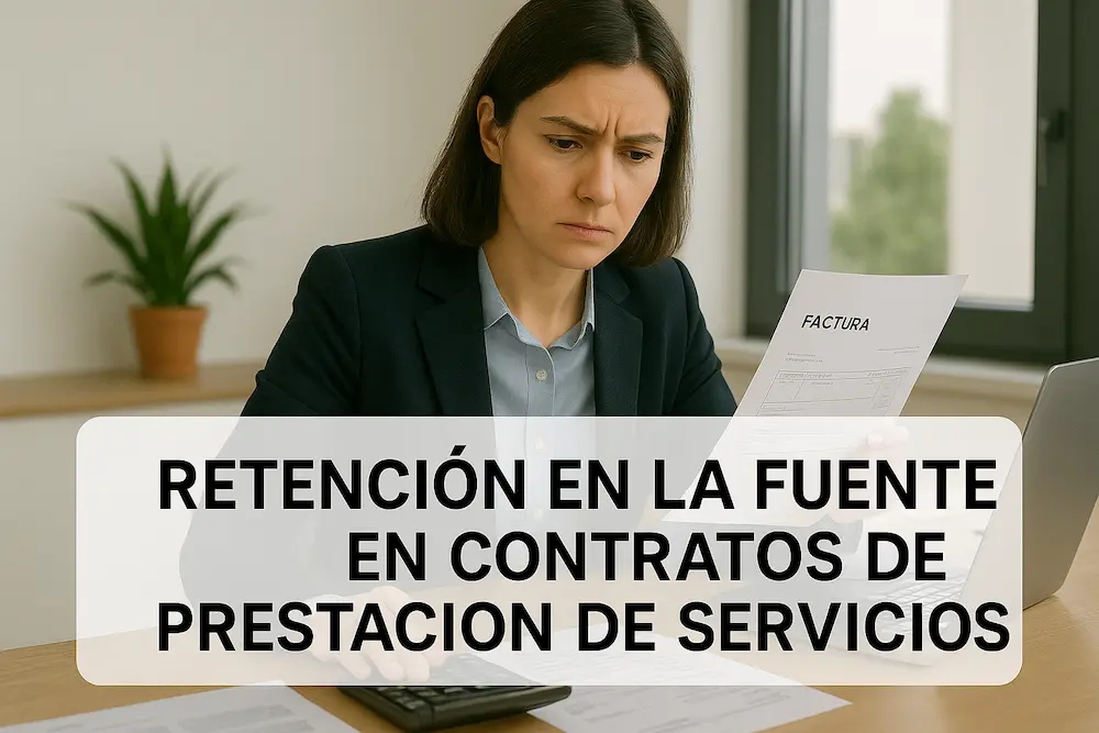 Mujer trabajando en oficina con calculadora y factura, representando la retención en la fuente en contratos de prestación de servicios.