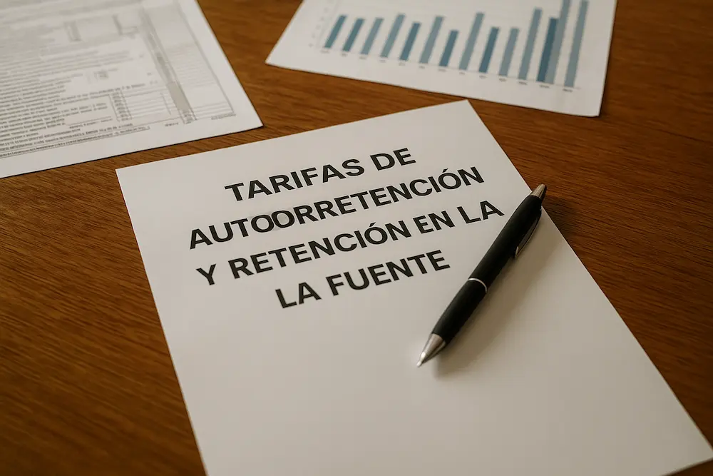 Documento impreso con el título “Tarifas de autorretención y retención en la fuente”, acompañado de un bolígrafo y gráficos financieros, en un entorno de escritorio de madera que sugiere revisión contable y planificación tributaria.