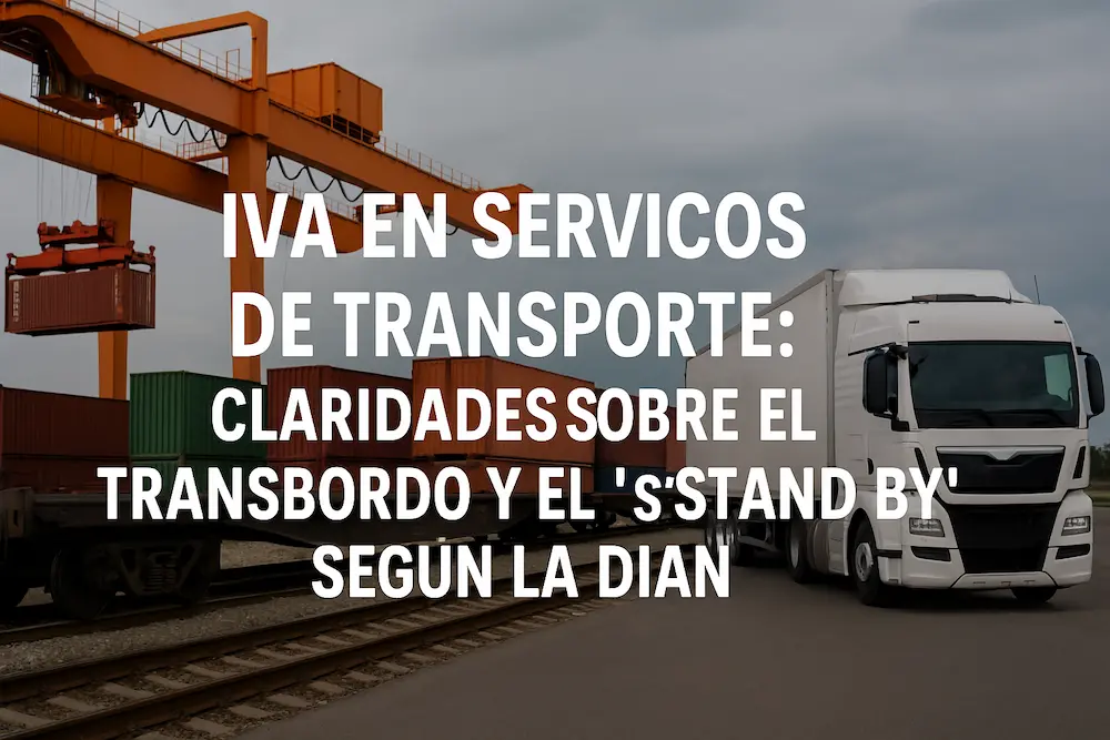 Ilustración sobre la aplicación del IVA en servicios de transporte, transbordo y tiempos de "stand by" en Colombia, según la DIAN. Escena realista con camión, contenedores y grúa intermodal.