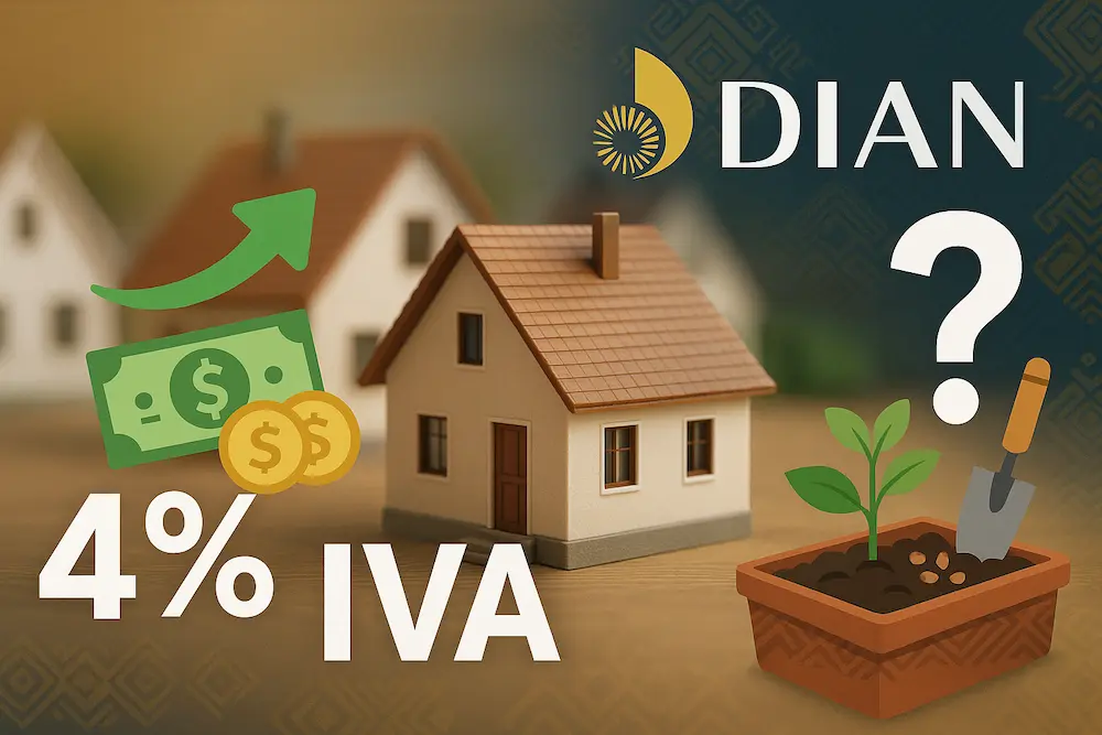 magen realista que representa el 4% de devolución del IVA para viviendas VIS en Colombia, con enfoque en Bogotá, Soacha, Facatativá, Zipaquirá, Girardot, Fusagasugá y Mosquera. Incluye una casa, símbolos de dinero, el logotipo de la DIAN y una huerta casera con un signo de interrogación.