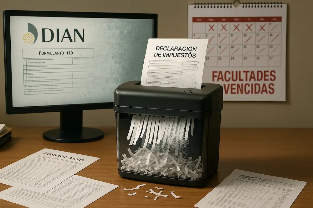 Escritorio de oficina con documentos tributarios de la DIAN siendo triturados, una pantalla de computador mostrando un formulario fiscal con el logo de la DIAN desvaneciéndose y un calendario al fondo con la frase "Facultades Vencidas" marcada en rojo.