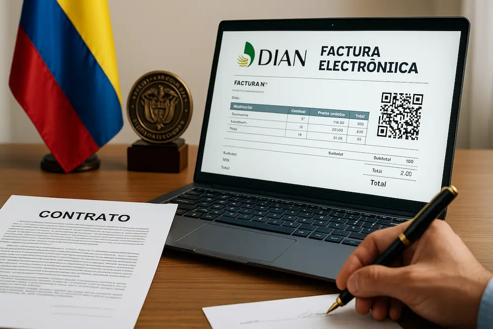 Oficina gubernamental con un contrato de mandato siendo firmado, laptop con factura electrónica de la DIAN y código QR, junto a la bandera de Colombia y un sello oficial, representando la facturación en contratos con entidades públicas y el concepto “sin situación de fondos”.