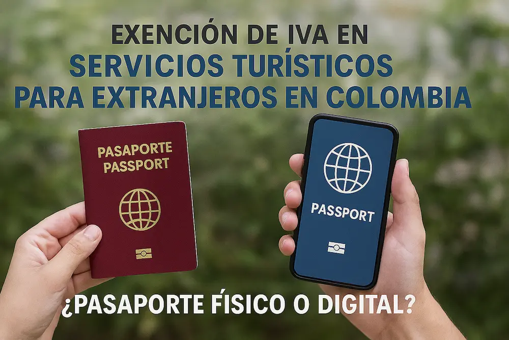 Persona sostiene pasaporte físico frente a un portátil que muestra un pasaporte digital, ilustrando el debate sobre la exención de IVA en servicios turísticos para extranjeros en Colombia y la aceptación del pasaporte digital según el Concepto DIAN.