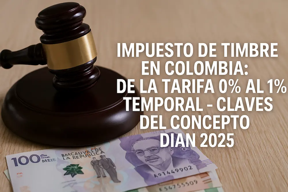 Juez con mazo de madera y billetes colombianos de 100 mil pesos sobre una mesa, junto a un texto superpuesto que dice: "Impuesto de Timbre en Colombia: De la Tarifa 0% al 1% Temporal – Claves del Concepto DIAN 2025