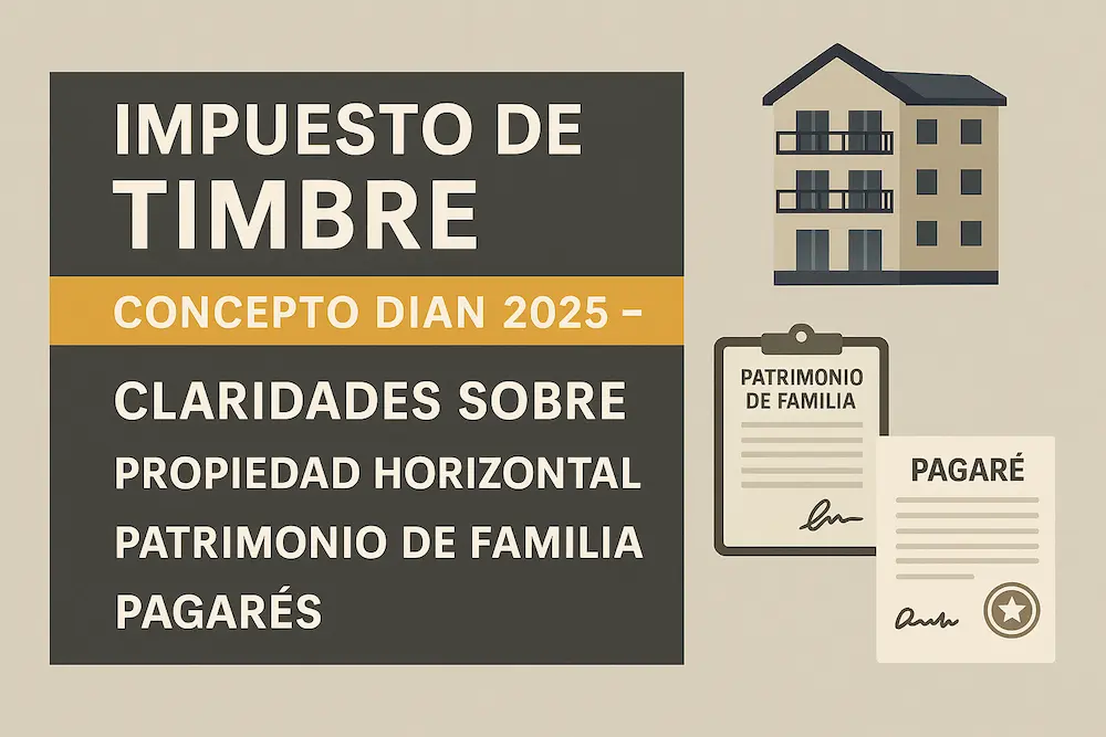 Presentación legal en español sobre el Impuesto de Timbre Nacional en Colombia, mostrando términos como Propiedad Horizontal, Patrimonio de Familia, Afectación a Vivienda Familiar y Pagarés, según el Concepto DIAN 100208192-450 de 2025.