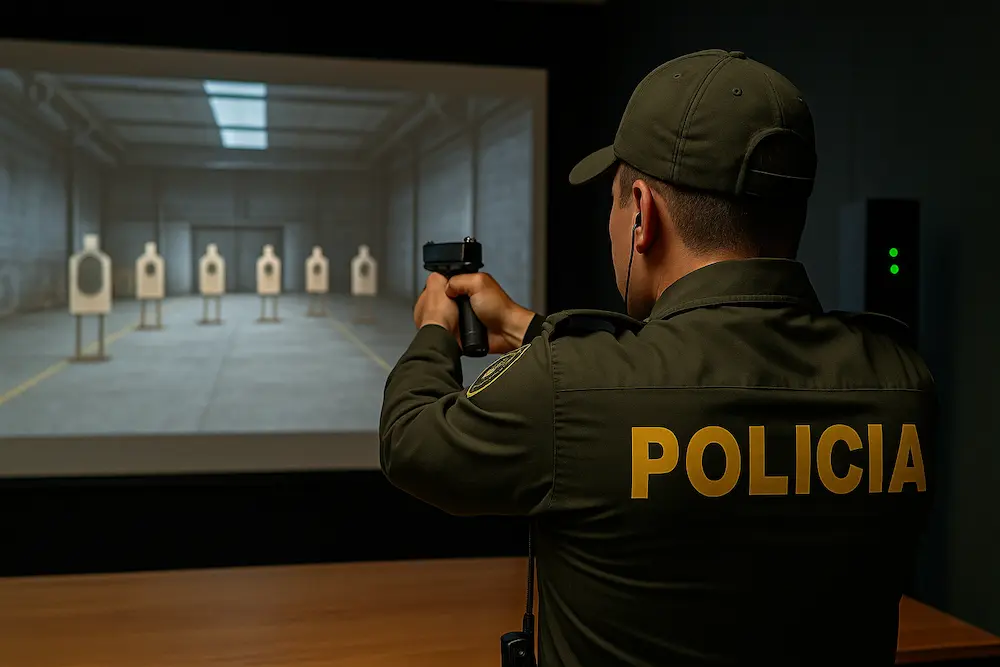 Policía Nacional entrenando con simulador de polígono virtual, ilustrando la exención del IVA según el Artículo 477 del Estatuto Tributario en ventas nacionales para uso en defensa.