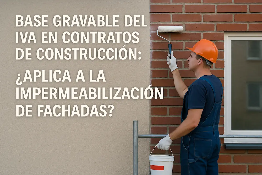 Trabajador aplicando impermeabilizante sobre fachada de ladrillo en contrato de construcción, representando el análisis del IVA en mantenimiento y construcción según el Artículo 1.3.1.7.9 del Decreto 1625 en Bogotá y Cundinamarca.