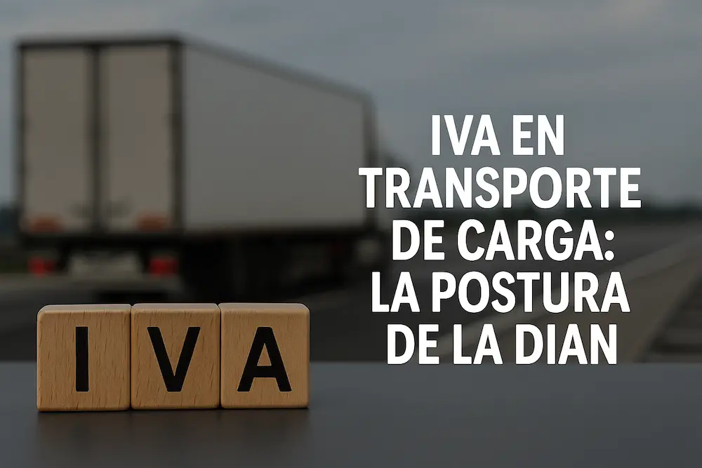 Bloques de madera con la palabra “IVA” al frente de un camión de carga en una carretera, junto a texto en español que dice “IVA en transporte de carga: la postura de la DIAN”.