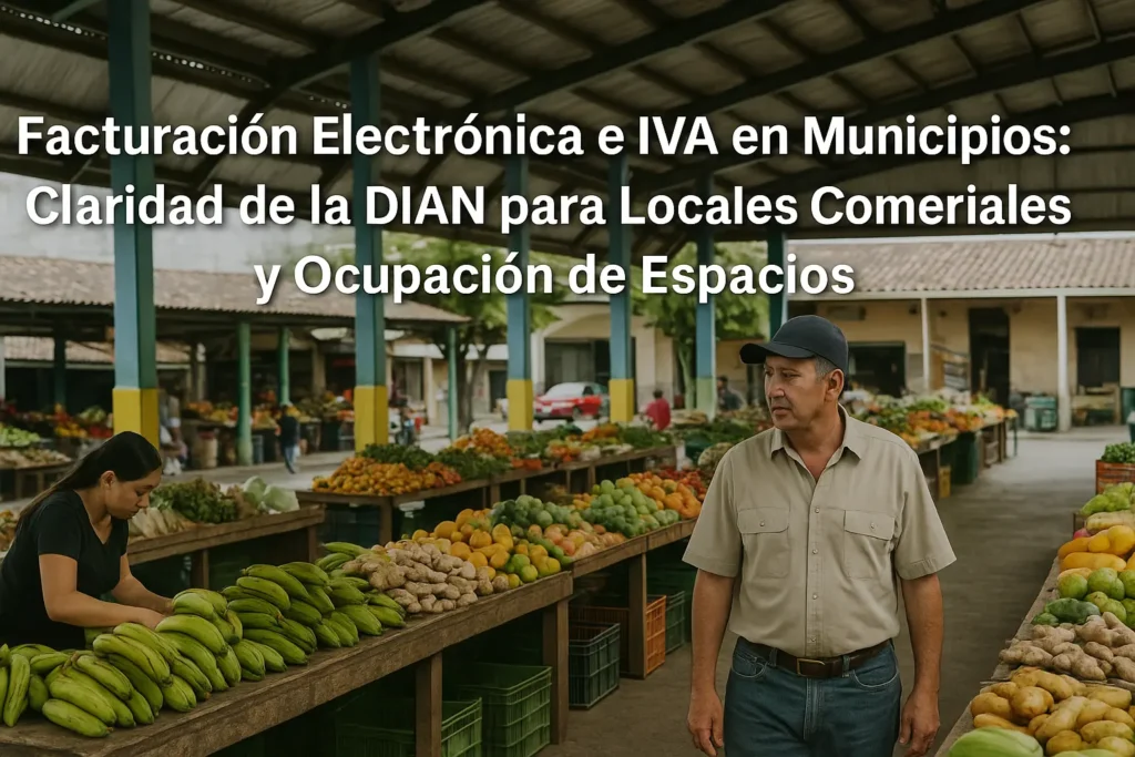 Edificio municipal con elementos de factura electrónica y símbolos de IVA, reflejando obligaciones fiscales en Bogotá y Cundinamarca.