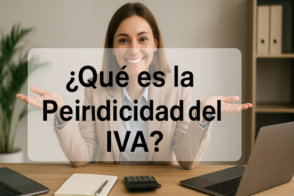 Mujer sonriente en oficina levantando las manos con expresión alegre, acompañada del texto “¿Qué es la Periodicidad del IVA?” en pantalla.