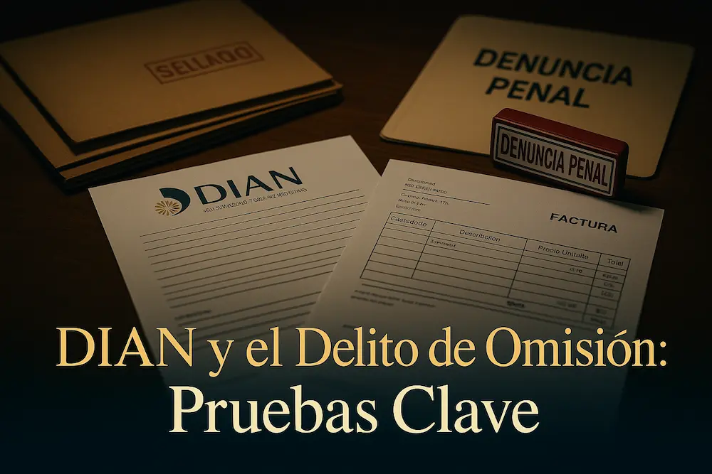 Escritorio con documentos DIAN y sello “Denuncia Penal” por omisión de agente retenedor (Art. 402 C.P.) en Bogotá y zona industrial.