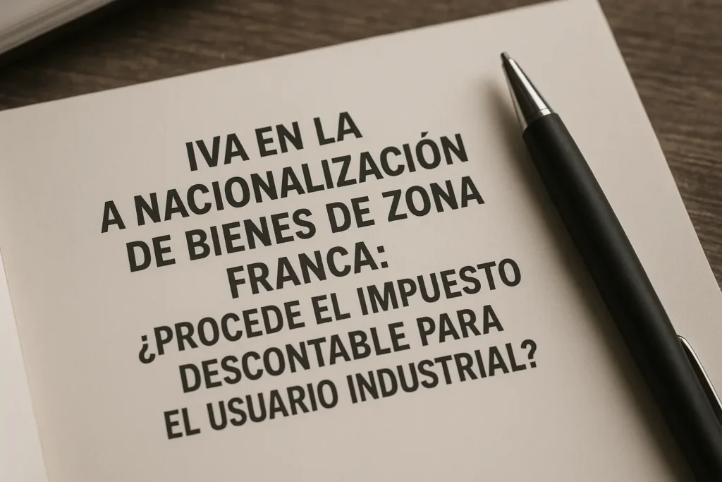 Documento tributario con título sobre IVA en la nacionalización de bienes de zona franca, acompañado de un bolígrafo negro sobre escritorio, representando un análisis fiscal y legal.