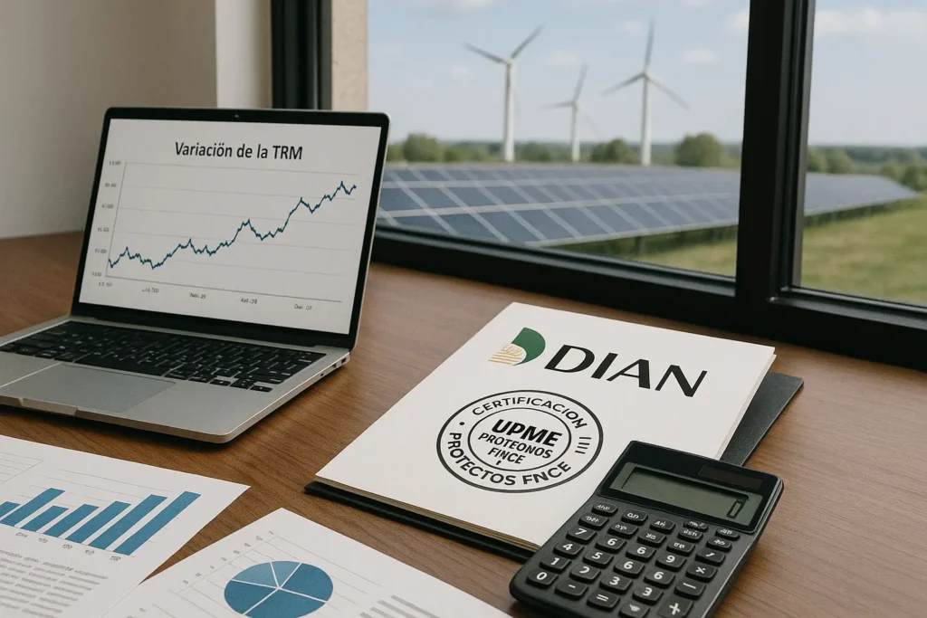 Laptop con gráfico de variación de la TRM, documentos DIAN con sello ‘Certificación UPME – Proyectos FNCE’ y calculadora; al fondo paneles solares y aerogeneradores.