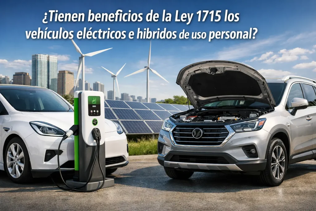 Vehículos eléctricos e híbridos de uso personal para personas, en estación de carga con paneles solares, asociados a los beneficios de la Ley 1715