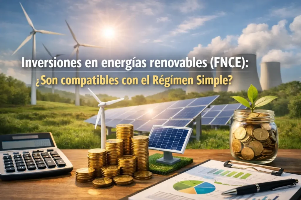 Inversiones en energías renovables FNCE con paneles solares, aerogeneradores y elementos financieros relacionados con el Régimen Simple