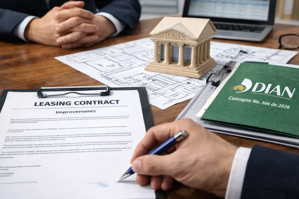 Contrato de leasing financiero con mejoras no facturadas al banco según concepto DIAN 366 de 2026 en Colombia