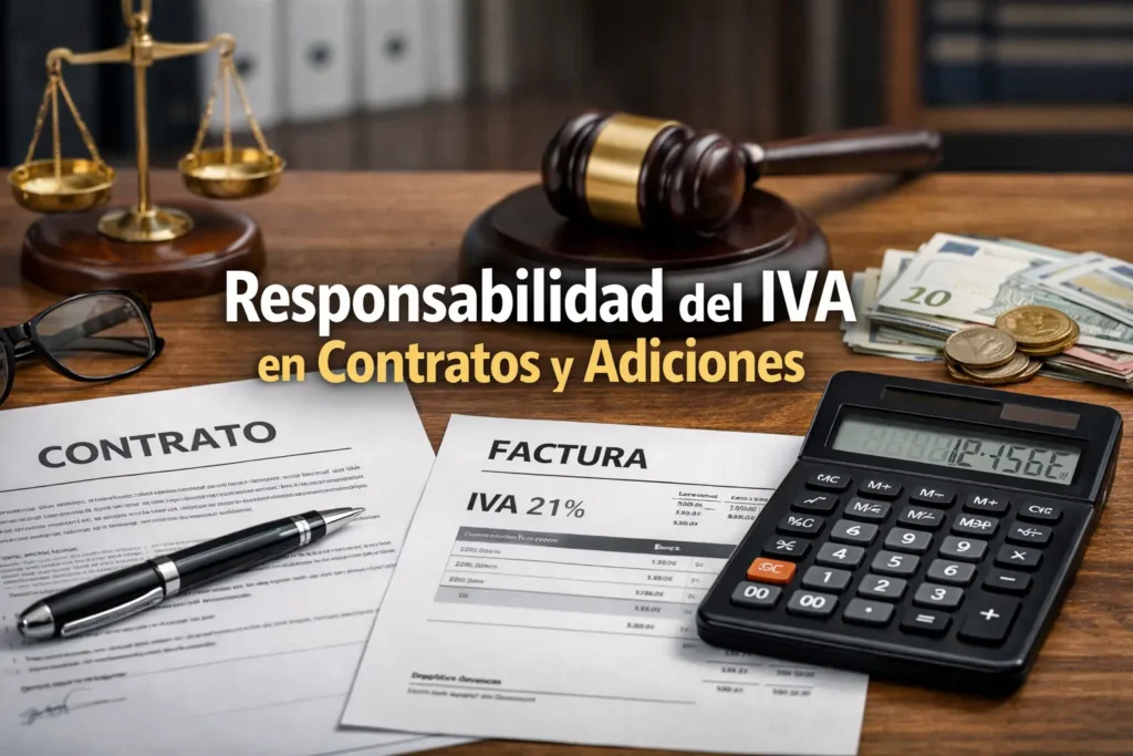Responsabilidad del IVA en contratos y adiciones que superan 4.000 UVT según el Concepto 017279 de 2025 de la DIAN, con documentos contractuales, factura de IVA y cálculo tributario.
