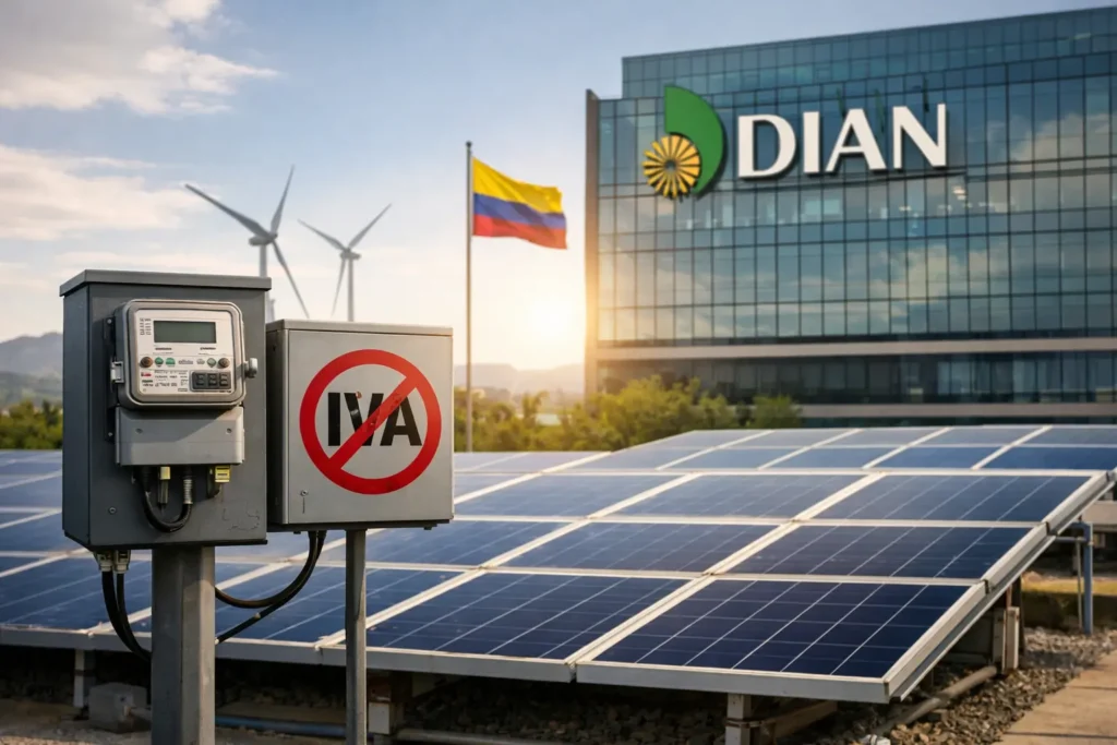Paneles solares con documentos fiscales y referencia a la exclusión de IVA según la DIAN en Colombia