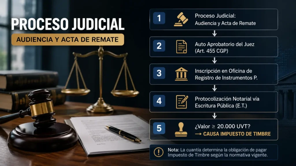 Diagrama del proceso judicial de remate en Colombia que muestra la audiencia y acta de remate, el auto aprobatorio del juez, la inscripción en la Oficina de Registro de Instrumentos Públicos, la protocolización mediante escritura pública y la verificación del umbral de 20.000 UVT para el impuesto de timbre.
